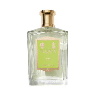 A bottle of Floris London's Limes Eau de Toilette has a gold cap and green label, offering vibrant citrus fragrance with hints of lemon zest.