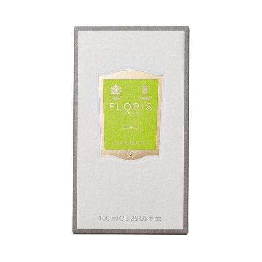 Floris London's Limes Eau de Toilette has a green label, metallic accents, and a lemon zest touch for that irresistible citrus fragrance allure.