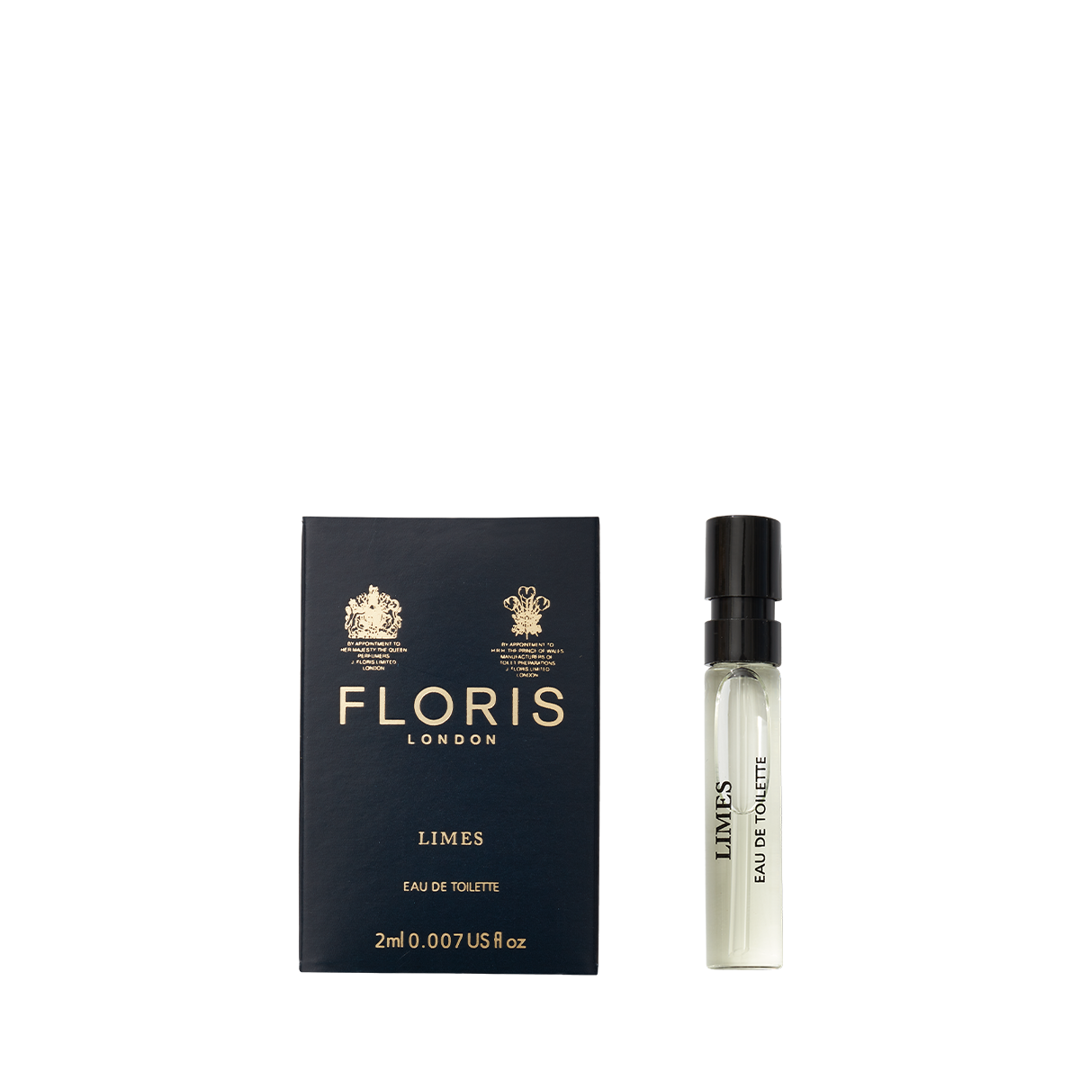 Floris London's Limes Eau de Toilette, a citrus fragrance in a 2ml spray vial, comes with a navy box featuring gold accents and branding.