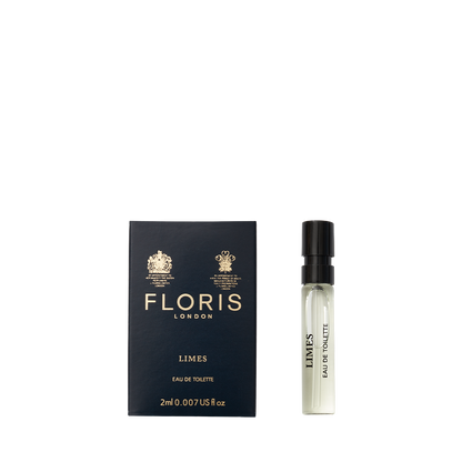 Floris London's Limes Eau de Toilette, a citrus fragrance in a 2ml spray vial, comes with a navy box featuring gold accents and branding.