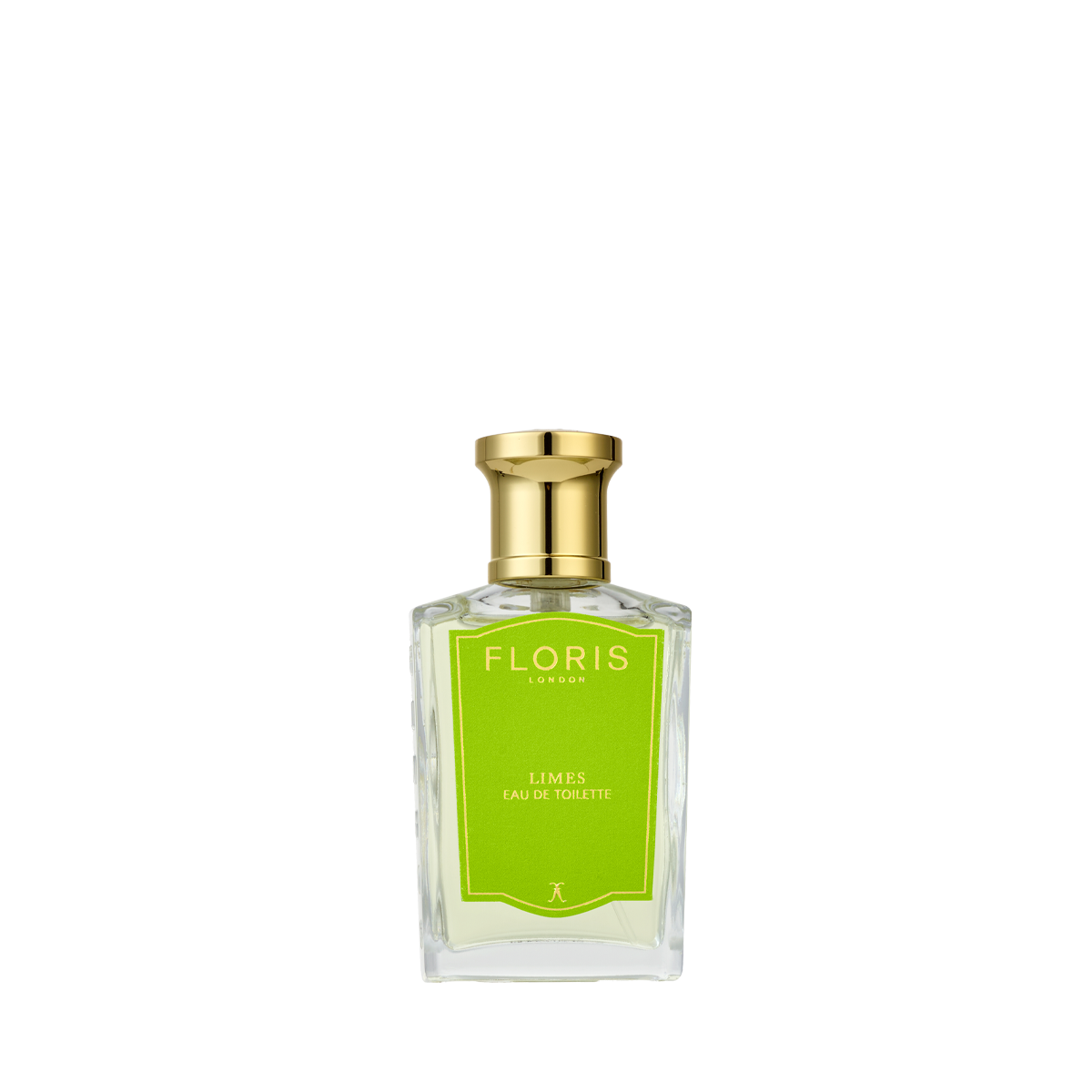 Floris London Limes Eau de Toilette: clear glass bottle with gold cap and bright green label, offering a refreshing citrus fragrance.