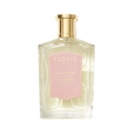Clear perfume bottle with gold cap and pink label reading "Floris London UK, Malmaison Encore," exuding captivating allure.