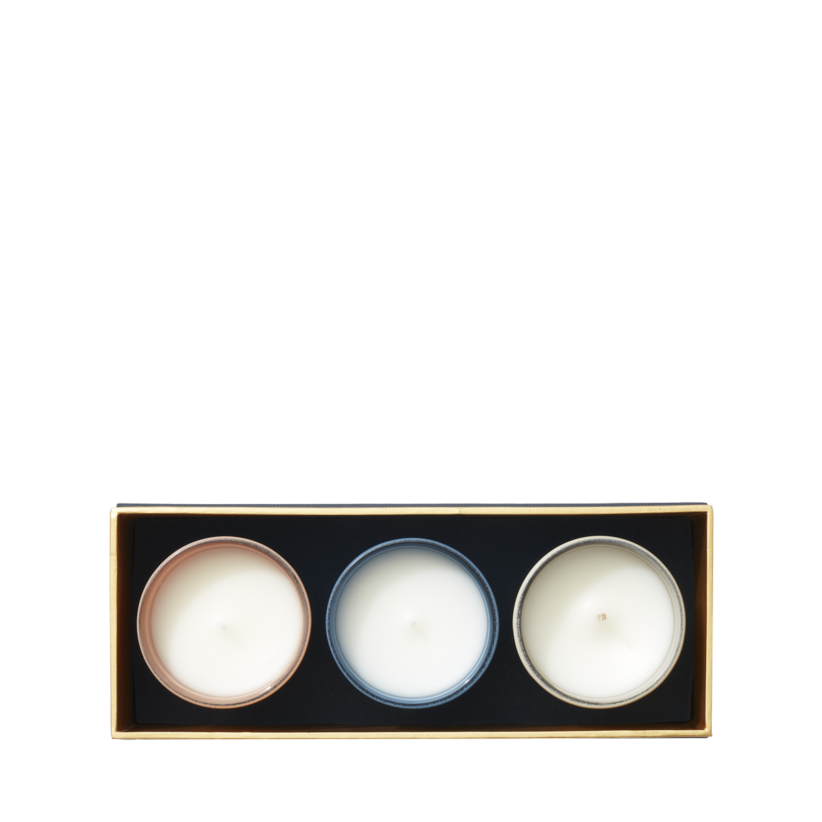 The Miniature Candle Collection by Floris London includes three beautifully scented candles in pink, blue, and white holders in a rectangular box.