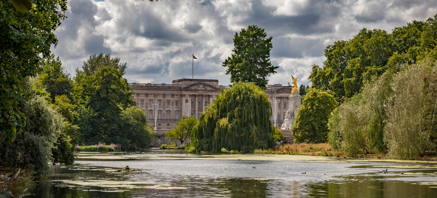 A lake with Buckingham Palace in the background and Green Trees 