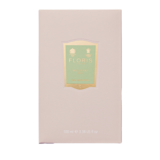 Floris London's "Mulberry Fig" 100 ml Eau de Parfum comes in a pink box with cream and gold details, offering a floral amber fragrance.