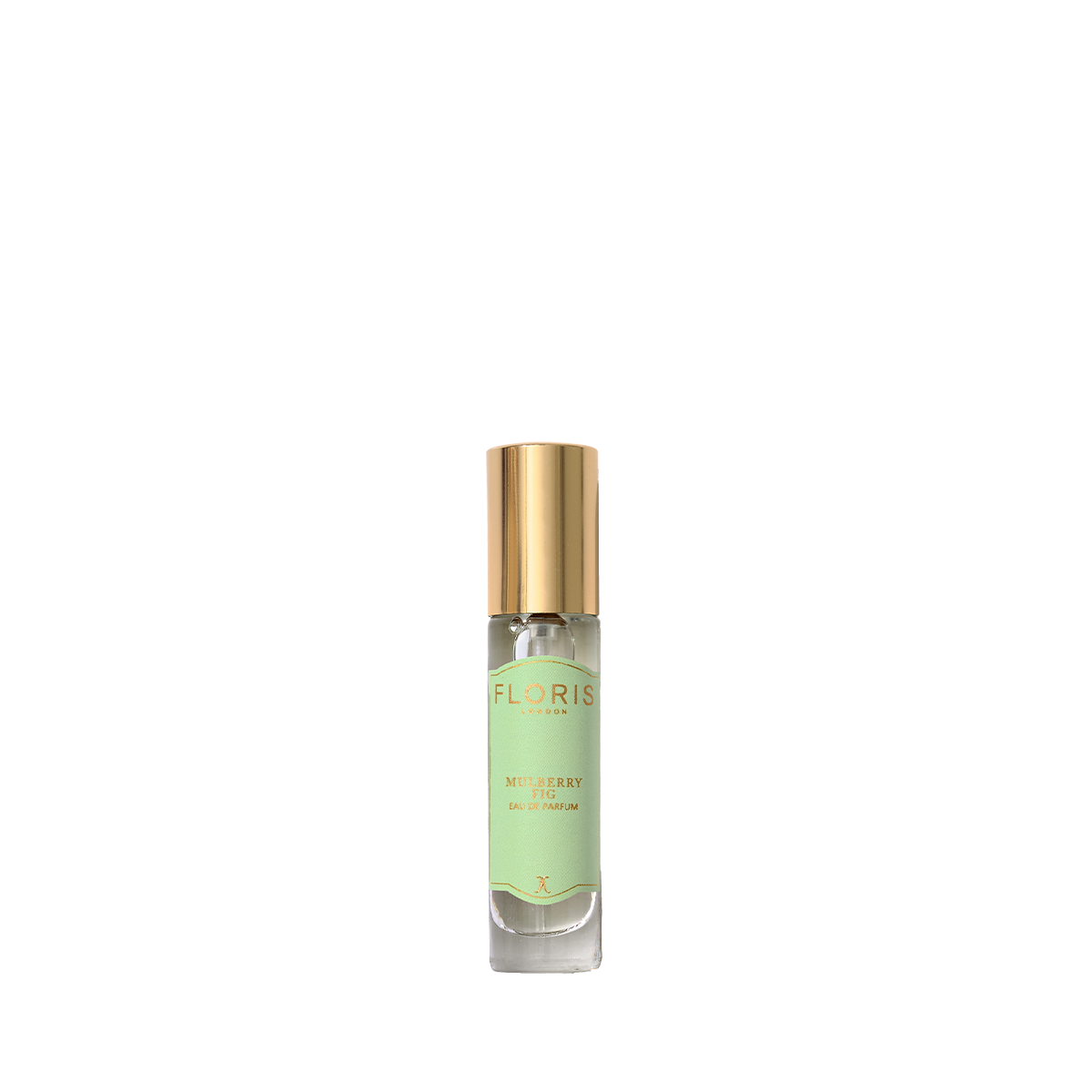 A small bottle of Floris London's Mulberry Fig Eau de Parfum with a green label and gold cap, offering a floral amber fragrance.