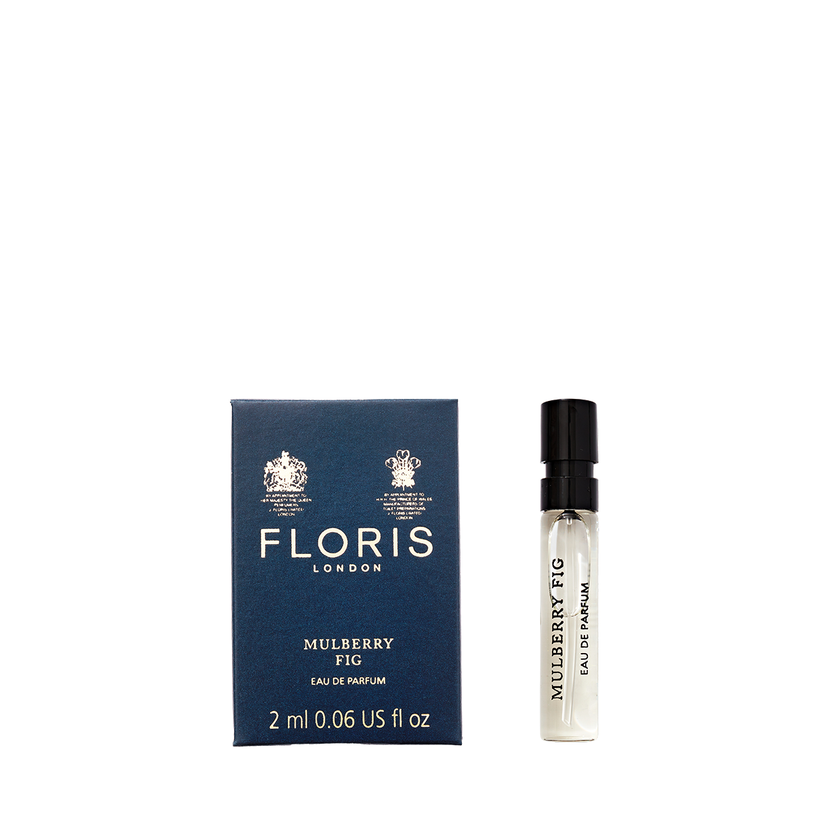 Floris London's Mulberry Fig, a floral amber eau de parfum, is available in a 2ml sample bottle next to its elegant navy box.