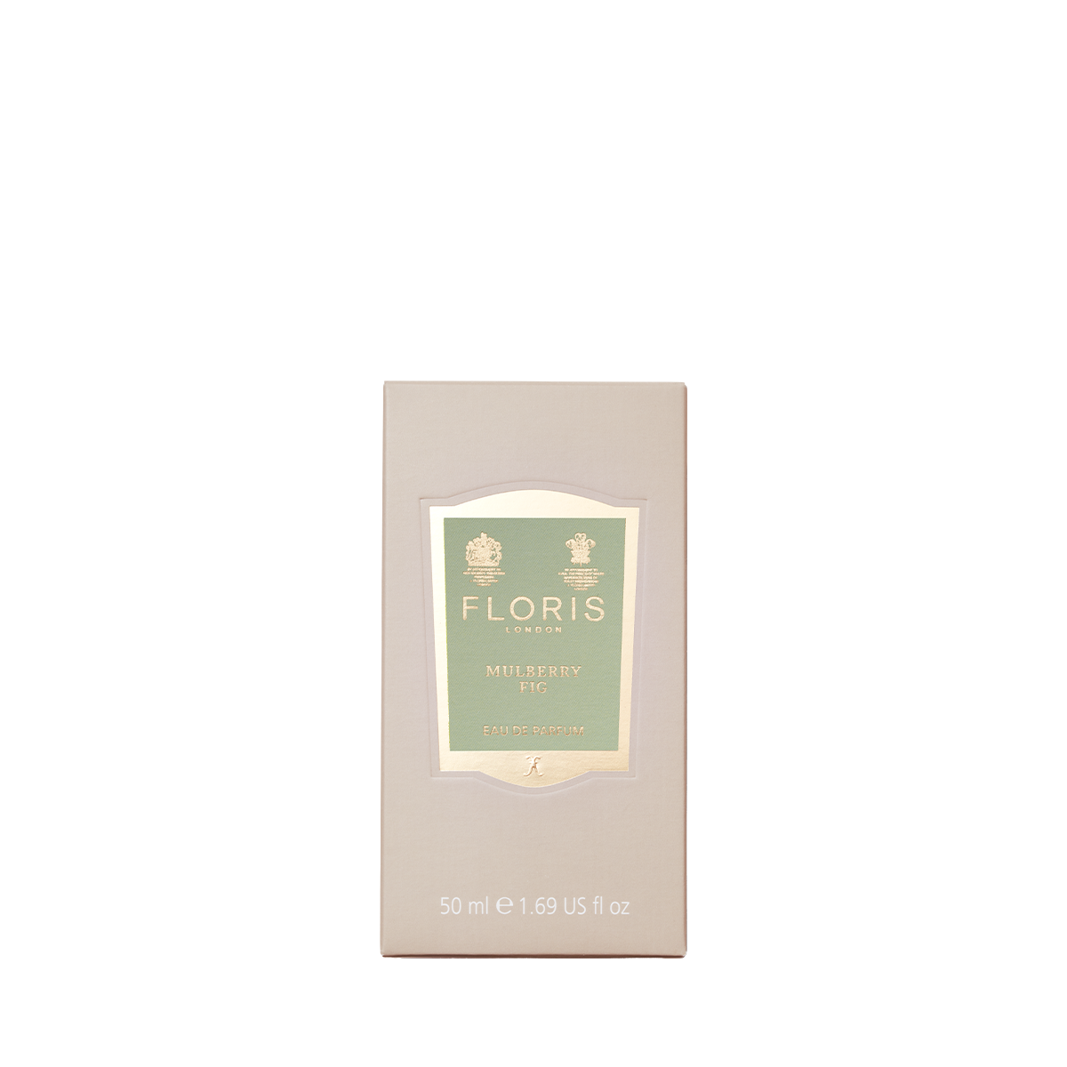 A beige box of Floris London's Mulberry Fig - Eau de Parfum, 50 ml, offers a floral amber scent with a hint of woody character.