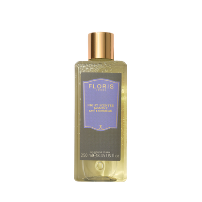 Clear 250ml Floris London Night Scented Jasmine bath & shower gel with a floral heart, sandalwood base notes, gold cap, and purple label.