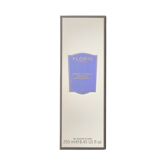 Floris London's Night Scented Jasmine Bath & Shower Gel delights with floral heart and sandalwood base notes, packaged in a tall, rectangular purple-labeled box.