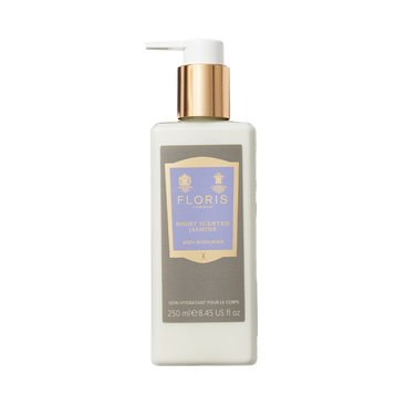 A Floris London Night Scented Jasmine Body Moisturiser, 250ml, enriched with vitamin E and featuring a gold cap on a white background.