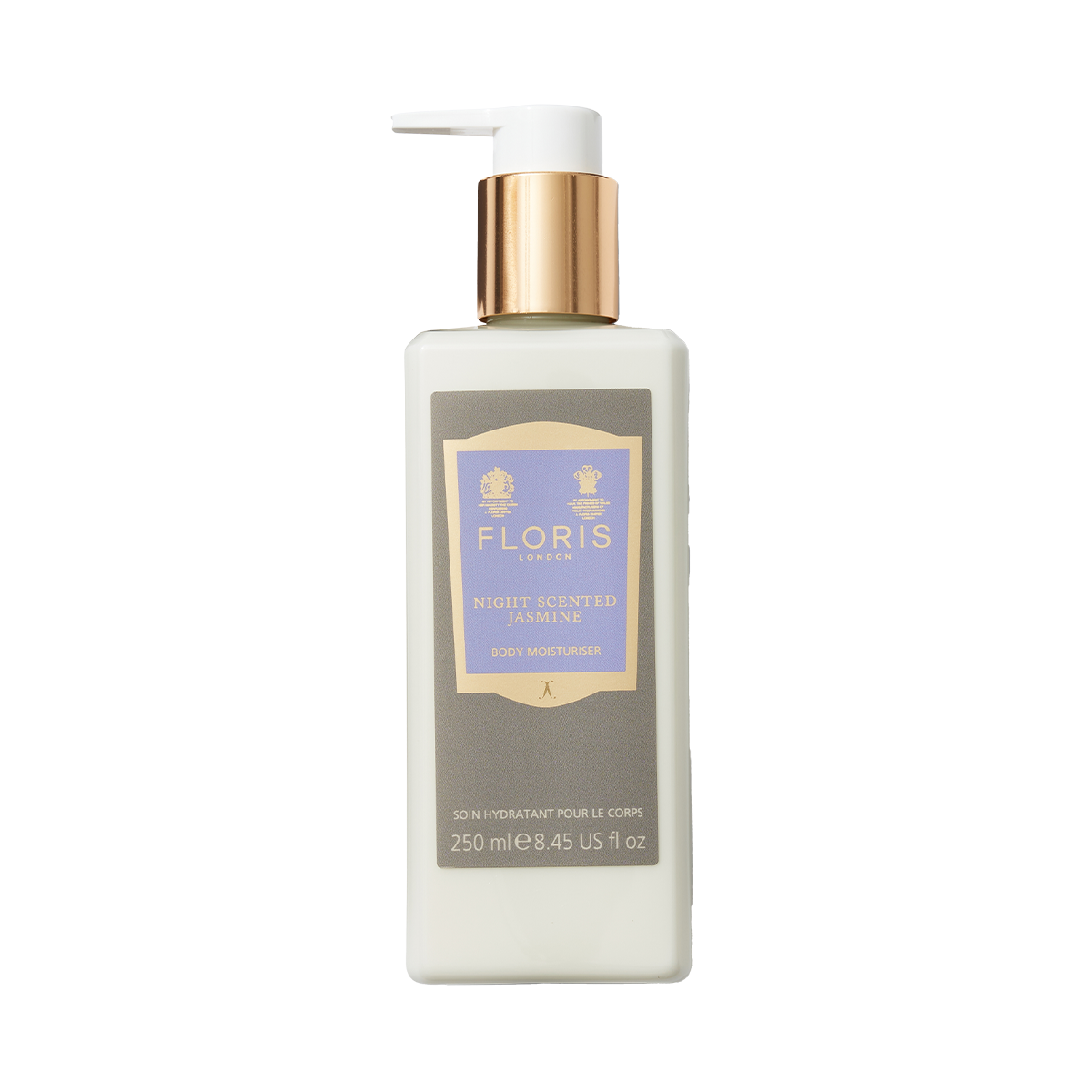 A Floris London Night Scented Jasmine Body Moisturiser, 250ml, enriched with vitamin E and featuring a gold cap on a white background.