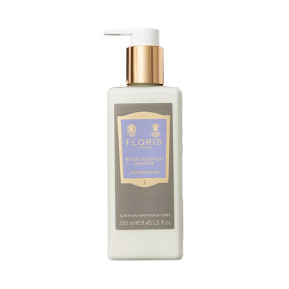 A Floris London Night Scented Jasmine Body Moisturiser, 250ml, enriched with vitamin E and featuring a gold cap on a white background.