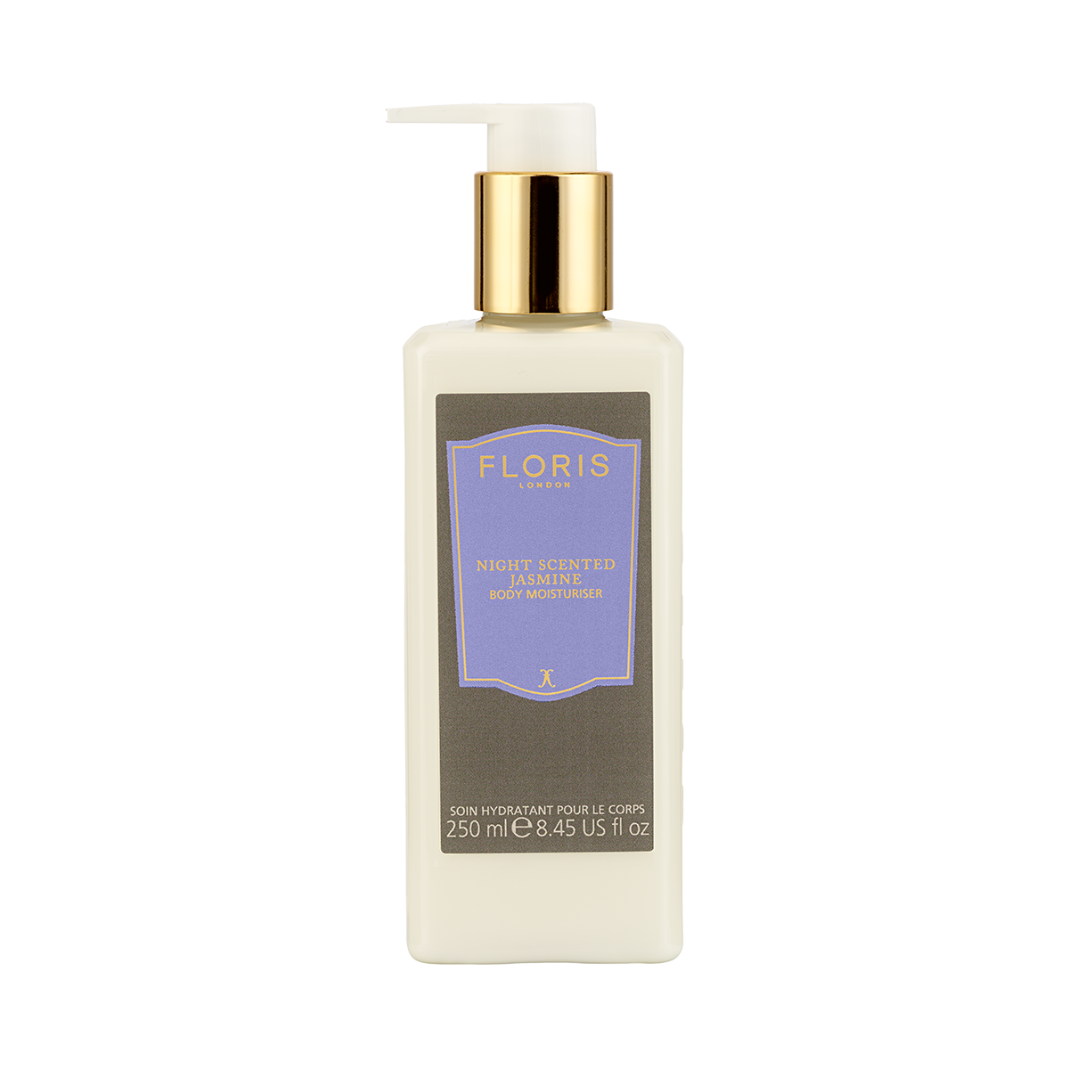 A 250 ml bottle of Floris London Night Scented Jasmine - Enriched Body Moisturiser with a gold pump.