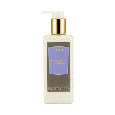 A 250 ml bottle of Floris London Night Scented Jasmine - Enriched Body Moisturiser with a gold pump.