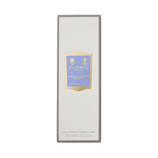 A rectangular 250ml box of Floris London Night Scented Jasmine Body Moisturiser with vitamin E, featuring a blue and gold label.