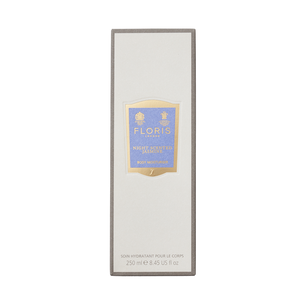 A rectangular 250ml box of Floris London Night Scented Jasmine Body Moisturiser with vitamin E, featuring a blue and gold label.