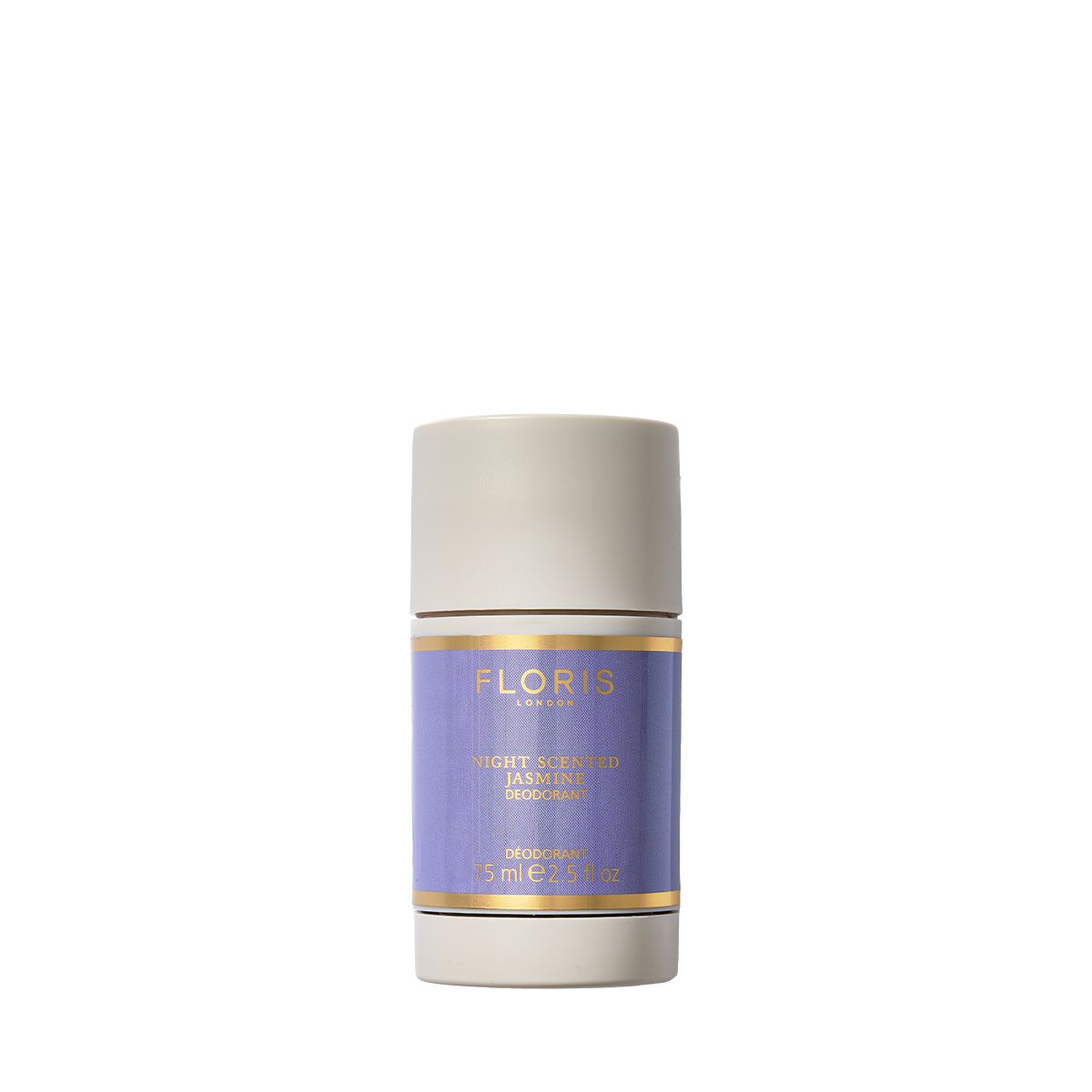 Beige and purple floral deodorant stick "Night Scented Jasmine" by Floris London, ideal for sensitive skin and enriched with vitamin E.
