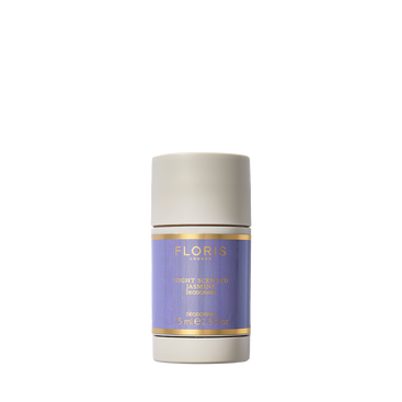 Beige and purple floral deodorant stick "Night Scented Jasmine" by Floris London, ideal for sensitive skin and enriched with vitamin E.