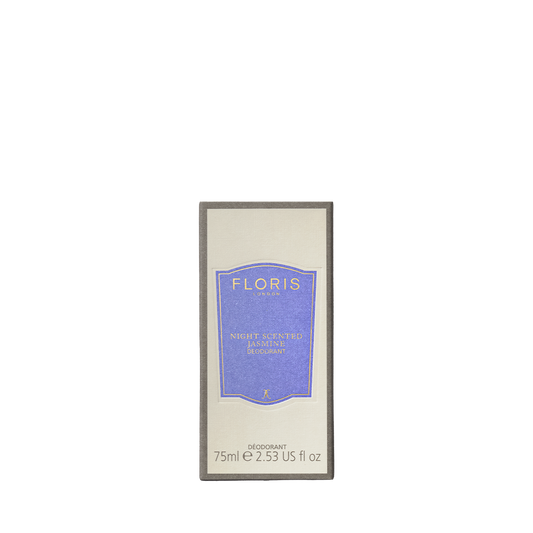 A 75ml deodorant stick by Floris London, "Night Scented Jasmine," features a cream and blue design and is ideal for sensitive skin with added vitamin E.