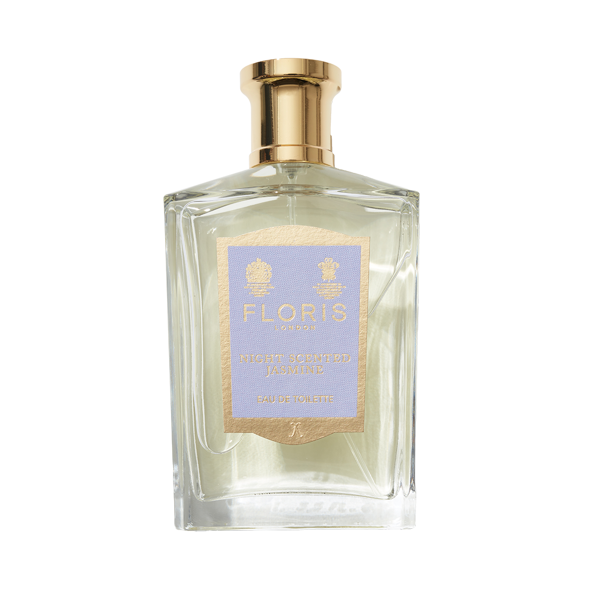 Perfume bottle with a gold cap and purple label reads "Floris London Night Scented Jasmine - Eau de Toilette," inspired by Minorca's enchanting nights.