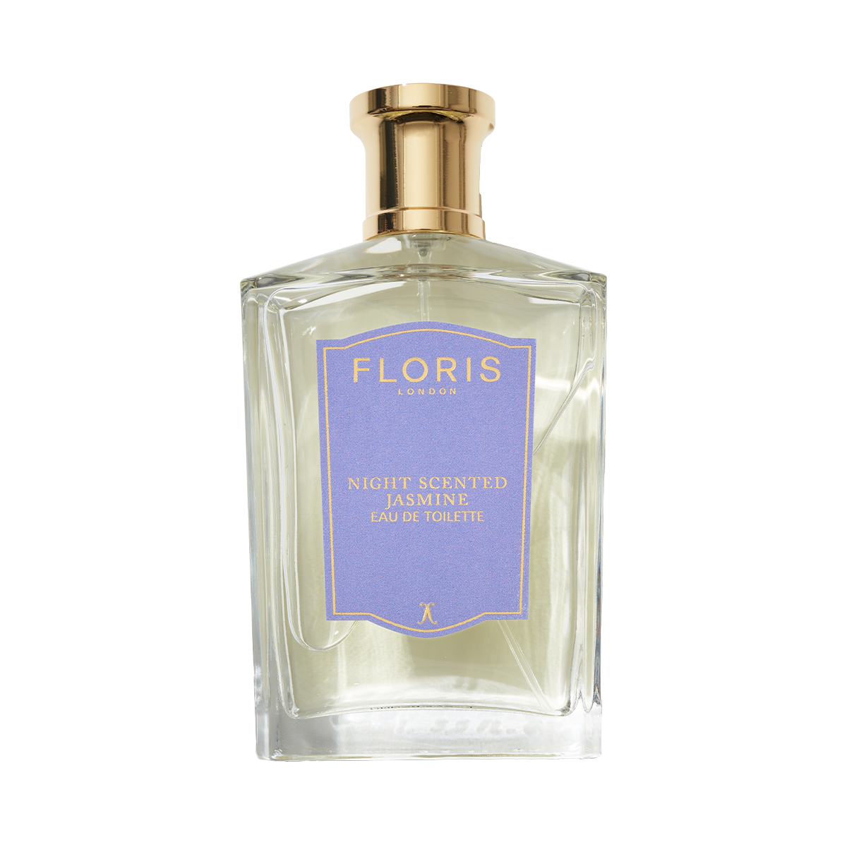 A clear glass bottle of Floris London Night Scented Jasmine Eau de Toilette, with a gold cap and purple label, blending neroli blossom and white jasmine.