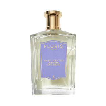 A clear glass bottle of Floris London Night Scented Jasmine Eau de Toilette, with a gold cap and purple label, blending neroli blossom and white jasmine.