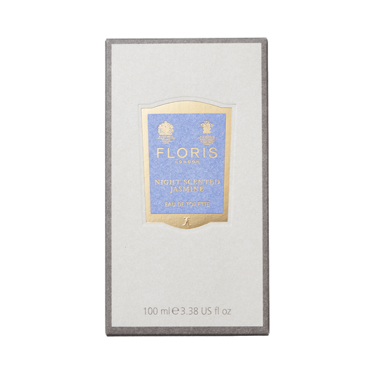 Rectangular box of Floris London Night Scented Jasmine Eau de Toilette, 100 ml, evokes blooming jasmine and lantern-lit nights in Minorca.