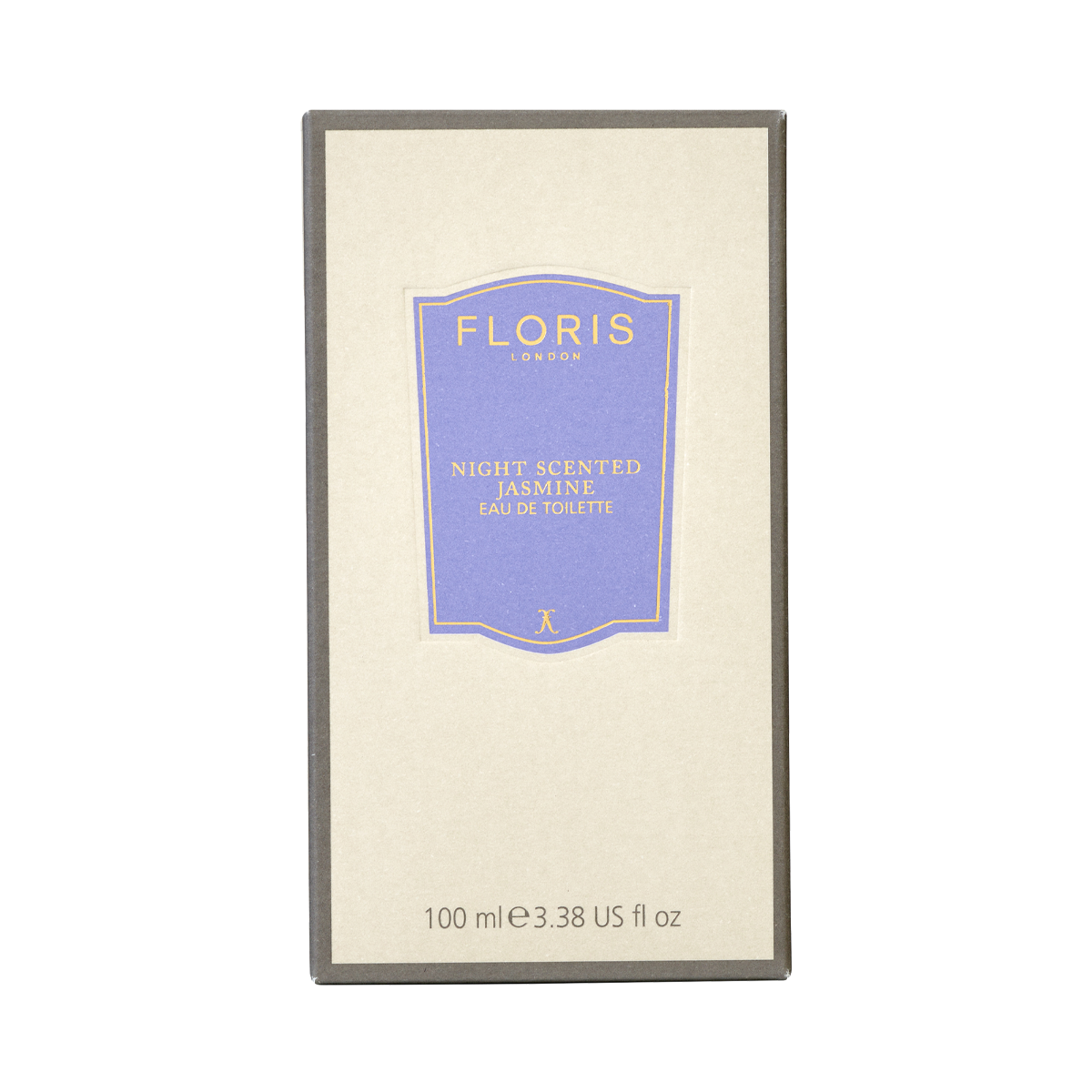 A beige Floris London box with a purple label reading “Night Scented Jasmine - Eau de Toilette, 100 ml,” inspired by Minorca and white jasmine.