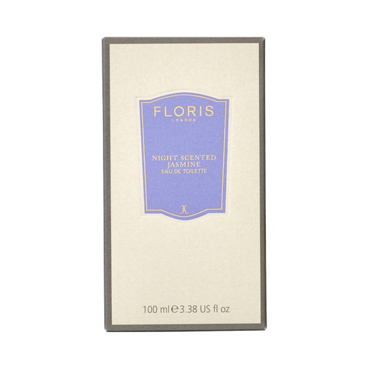 A beige Floris London box with a purple label reading “Night Scented Jasmine - Eau de Toilette, 100 ml,” inspired by Minorca and white jasmine.