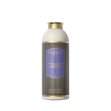 A Floris London Night Scented Jasmine fragrance powder bottle with aloe vera, featuring a purple label and gold cap.