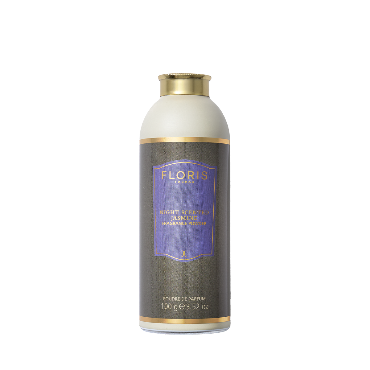 A Floris London Night Scented Jasmine fragrance powder bottle with aloe vera, featuring a purple label and gold cap.