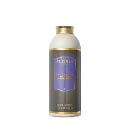 A Floris London Night Scented Jasmine fragrance powder bottle with aloe vera, featuring a purple label and gold cap.