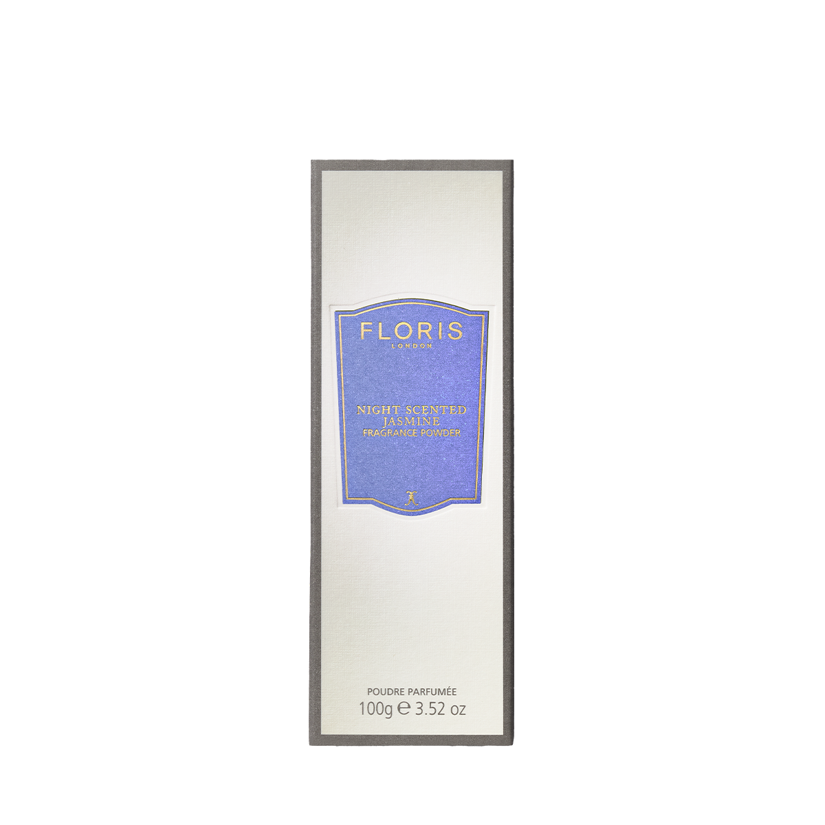Floris London's Night Scented Jasmine Fragrance Powder, enriched with soothing aloe vera, comes in a 100g rectangular box.