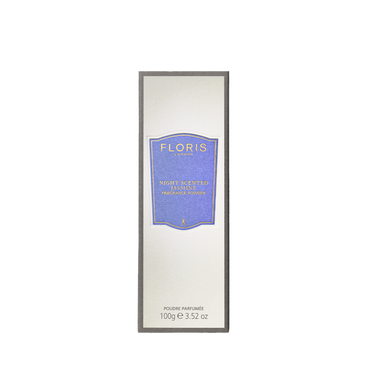 Floris London's Night Scented Jasmine Fragrance Powder, enriched with soothing aloe vera, comes in a 100g rectangular box.