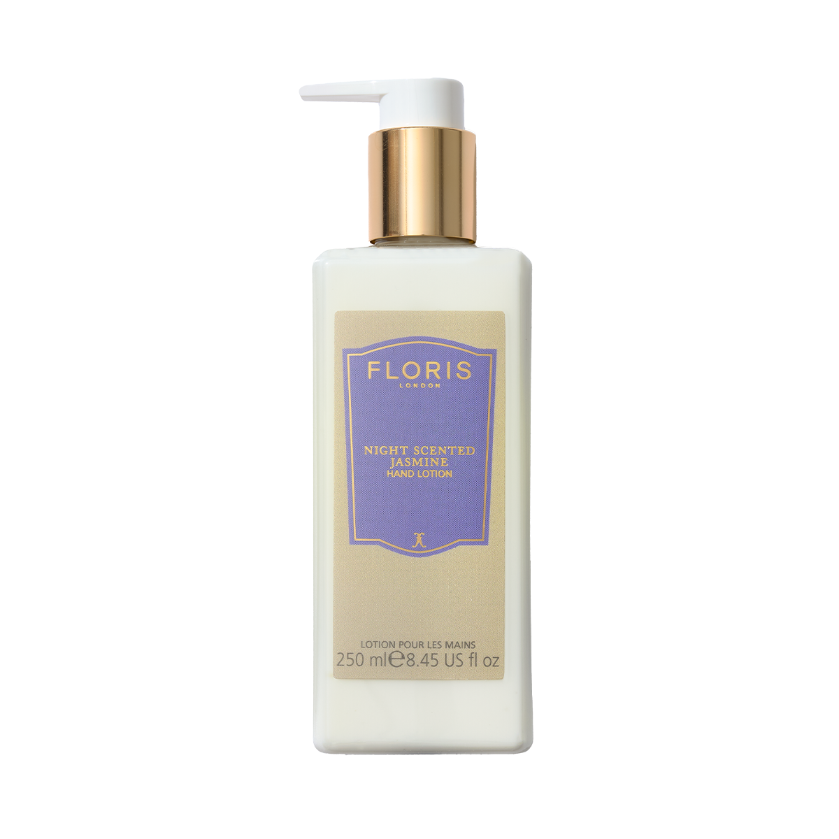Elegant 250ml bottle of Floris London's Night Scented Jasmine Luxury Hand Lotion, enriched with vitamin E and sweet almond oil, featuring a gold cap.