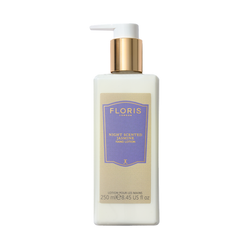 Elegant 250ml bottle of Floris London's Night Scented Jasmine Luxury Hand Lotion, enriched with vitamin E and sweet almond oil, featuring a gold cap.