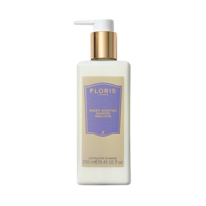 Elegant 250ml bottle of Floris London's Night Scented Jasmine Luxury Hand Lotion, enriched with vitamin E and sweet almond oil, featuring a gold cap.