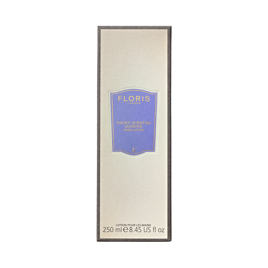 Floris London box with purple label: "Night Scented Jasmine" luxury hand lotion, 250 ml, enriched with sweet almond oil and vitamin E.
