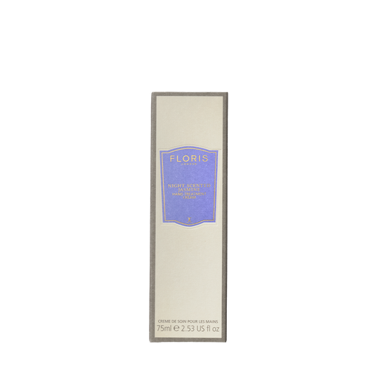 Floris London's Night Scented Jasmine Hand Treatment Cream 75ml, enriched with vitamins and natural oils, features a purple label.