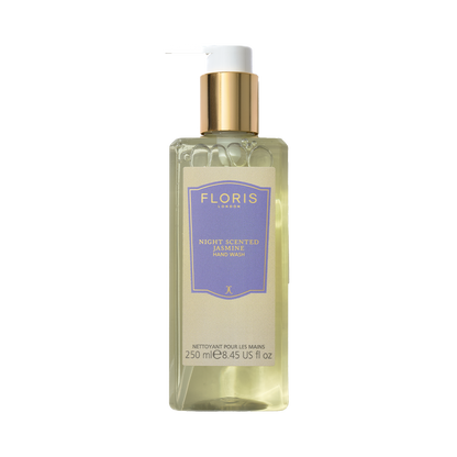 Floris London's Night Scented Jasmine Hand Wash in 250ml pairs a purple label and gold pump, infusing your routine with elegant jasmine notes.