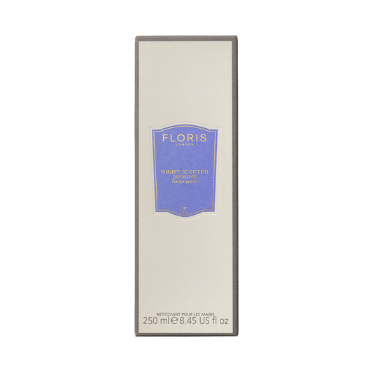Tall rectangular box of Floris London's Luxury Hand Wash, "Night Scented Jasmine," 250ml, featuring a blue label.