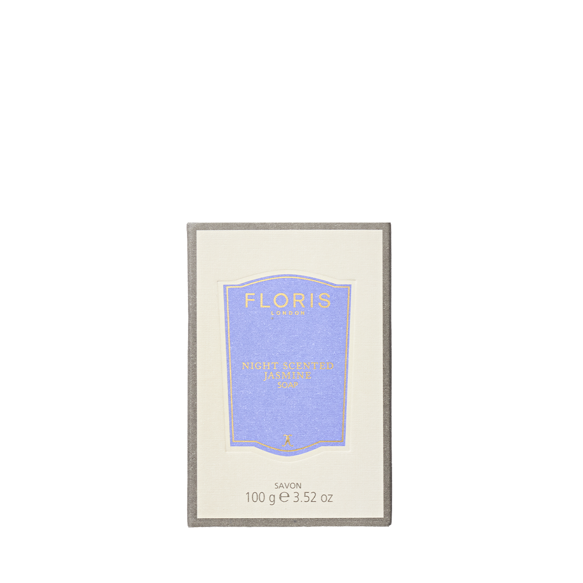 Floris London's Night Scented Jasmine Soap, 100g, enriched with shea butter for moisturized skin, comes in a classic box with a light purple label.