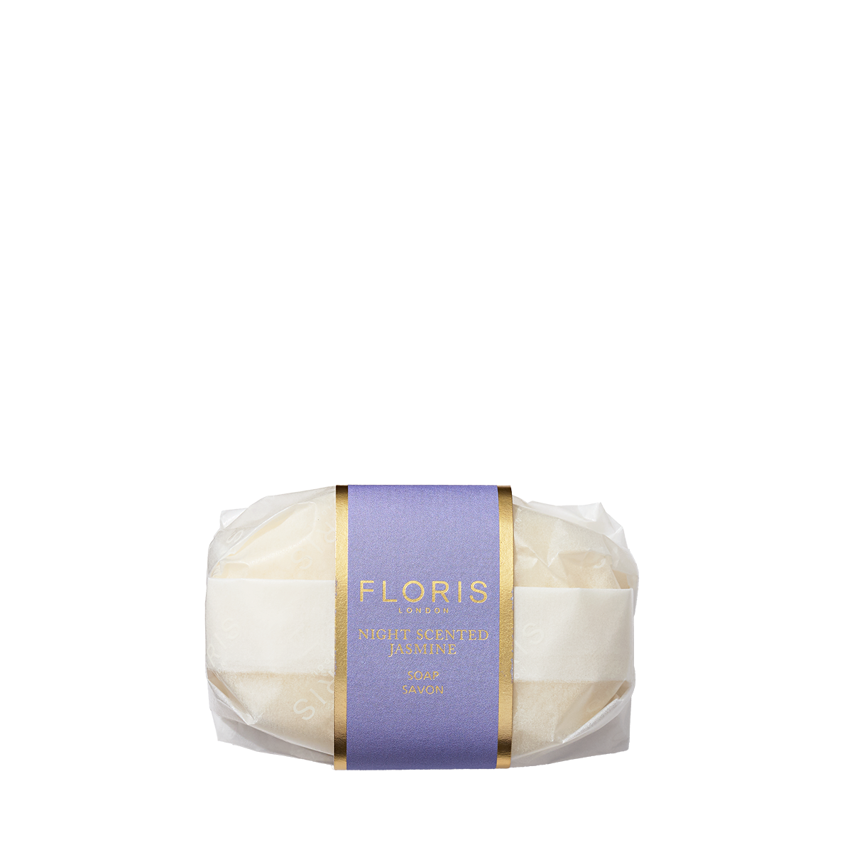 A Night Scented Jasmine Soap bar by Floris London, enriched with shea butter and wrapped in clear and purple paper with gold accents.