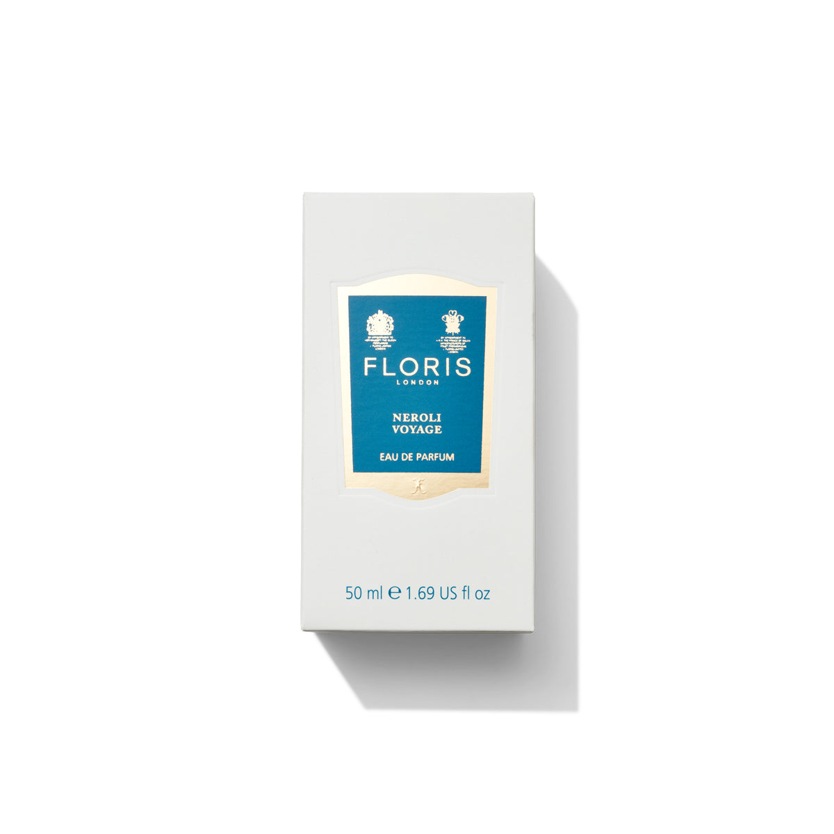 50ml box for neroli voyage eau de parfum from floris london, it features a blue label on a grey box