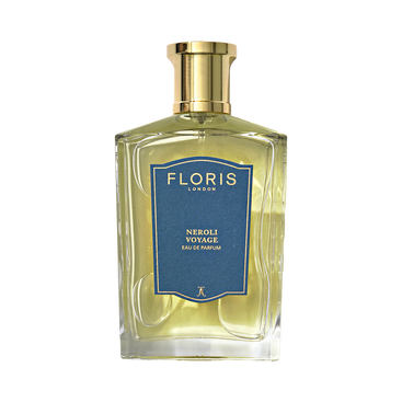 Floris London's Neroli Voyage Eau de Parfum features a blue label, gold cap, and jasmine hints.
