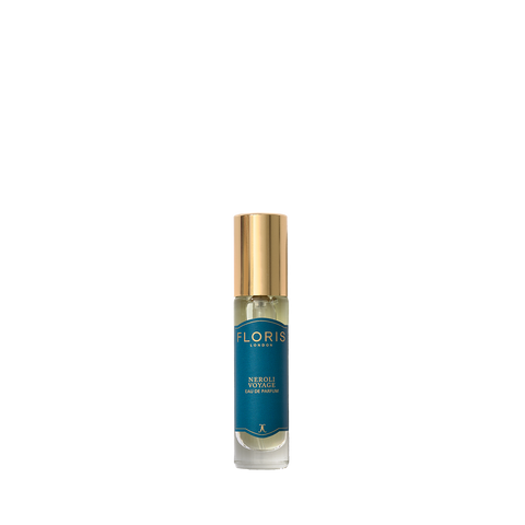 A small Floris London Neroli Voyage Eau de Parfum bottle featuring a gold cap.