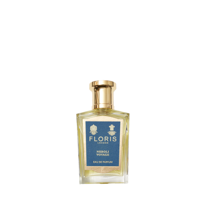 Floris London's Neroli Voyage - Eau de Parfum, featuring a blue and gold label, offers a citrus scent with undertones of jasmine.