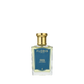 A clear glass perfume bottle with a gold cap, labeled “Floris London Neroli Voyage - Eau de Parfum,” evokes citrus and marine notes on a blue background.