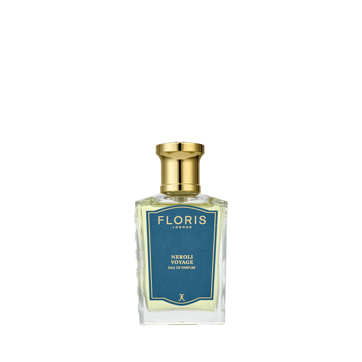 A clear glass perfume bottle with a gold cap, labeled “Floris London Neroli Voyage - Eau de Parfum,” evokes citrus and marine notes on a blue background.